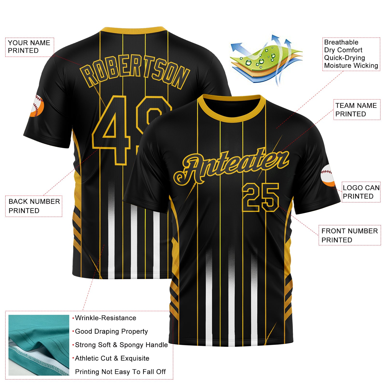 Custom Black Yellow 3D Pattern Design Germany Stripe Sport Wear Performance T-Shirt