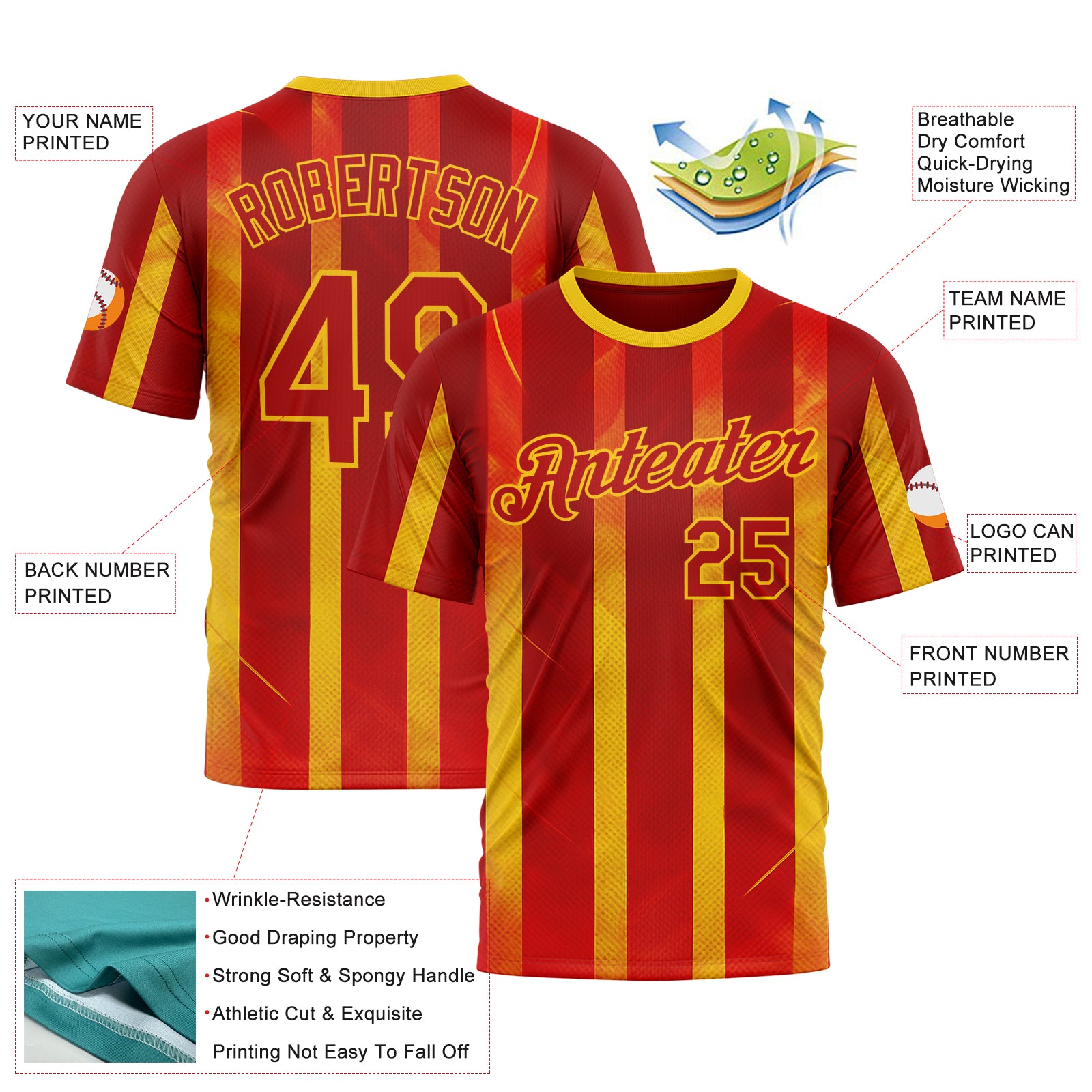 Custom Red Yellow 3D Pattern Design Spain Stripe Sport Wear Performance T-Shirt