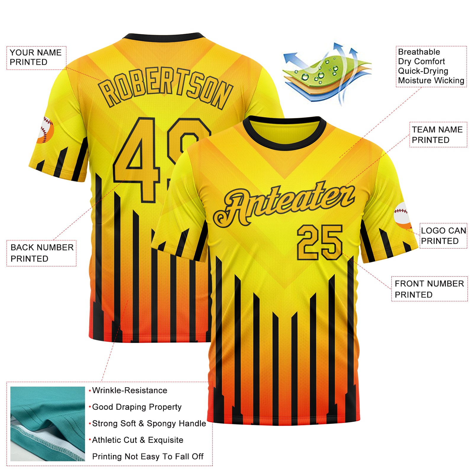 Custom Yellow Red-Black 3D Pattern Design Gradient Geometric Shape Stripe Sport Wear Performance T-Shirt