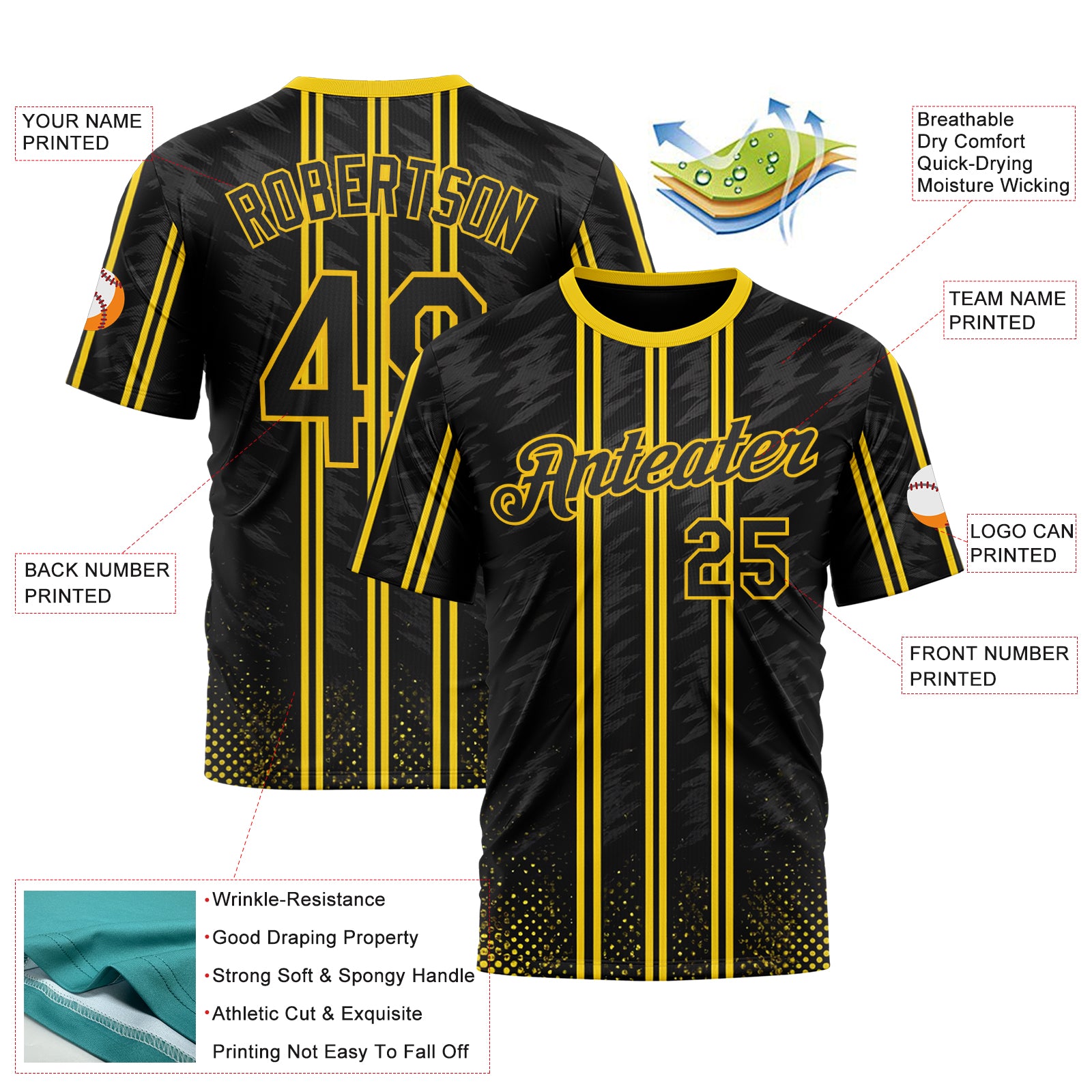 Custom Black Yellow 3D Pattern Design Germany Stripe Sport Wear Performance T-Shirt