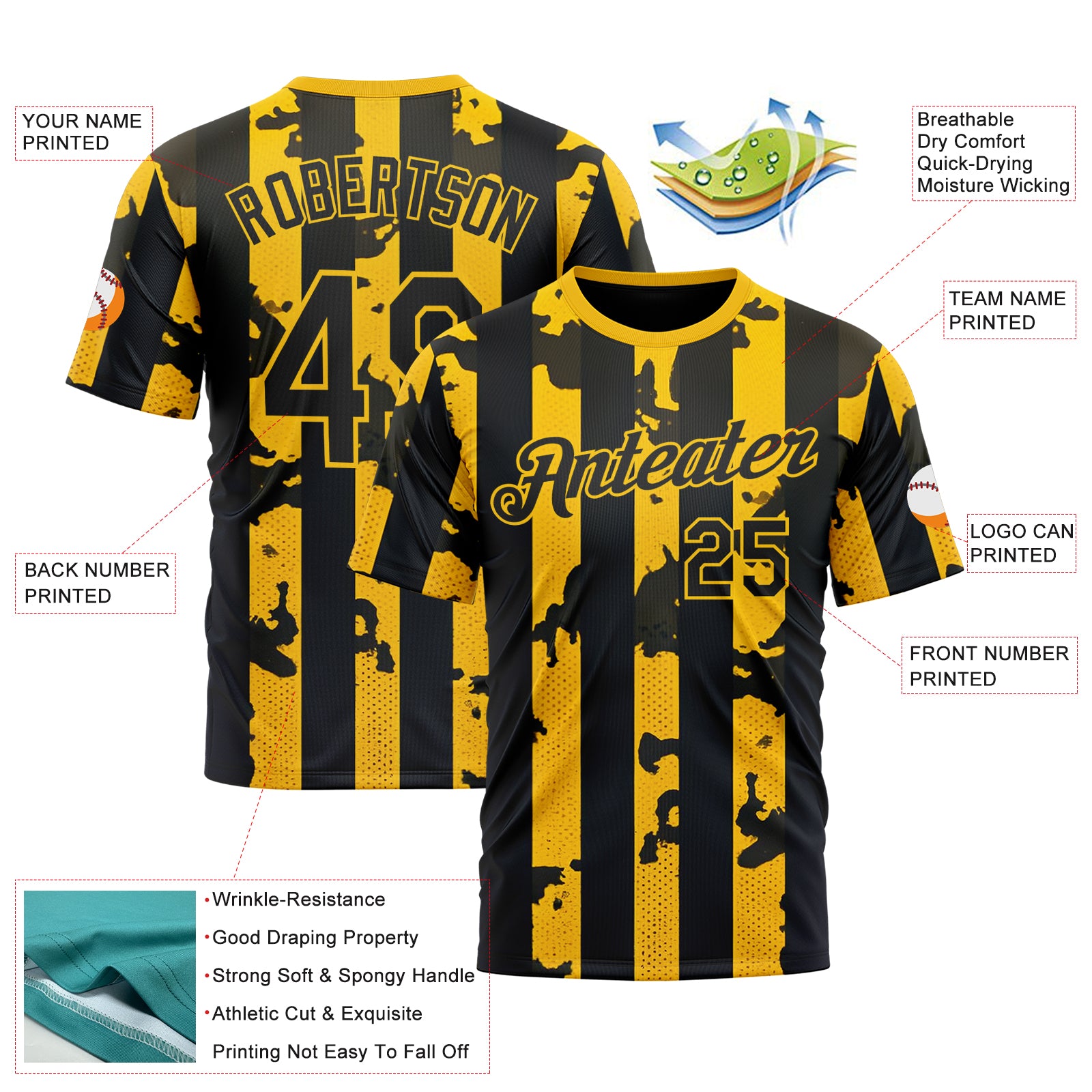 Custom Yellow Black 3D Pattern Design Stripe Sport Wear Performance T-Shirt