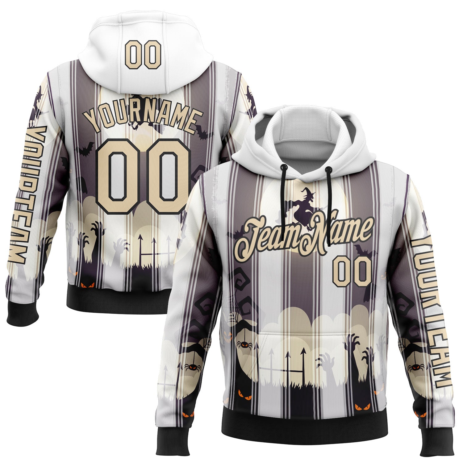 Custom White City Cream-Black 3D Halloween Spooky Sportswear Sports Pullover Sweatshirt Hoodie