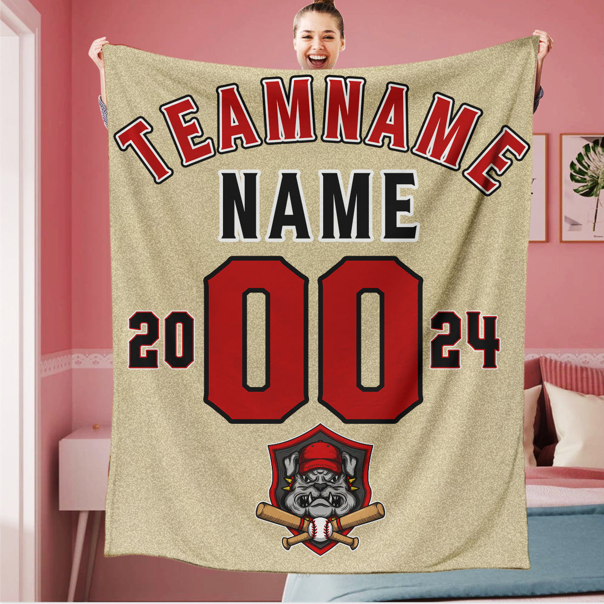 Personalized Khaki Red Black Baseball Team Logo Sports Blanket