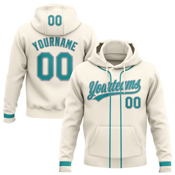 Custom Stitched Cream Teal-Gray Baseball Pullover Sweatshirt Hoodie