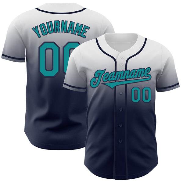 Custom White Teal-Navy Authentic Fade Fashion Baseball Jersey
