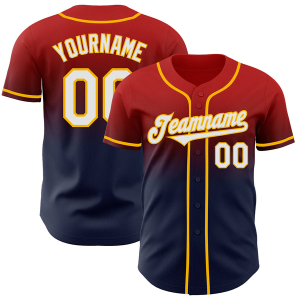 Custom Red Navy-Gold Authentic Fade Fashion Baseball Jersey