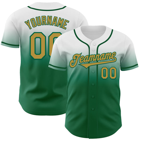 Custom White Old Gold-Kelly Green Authentic Fade Fashion Baseball Jersey