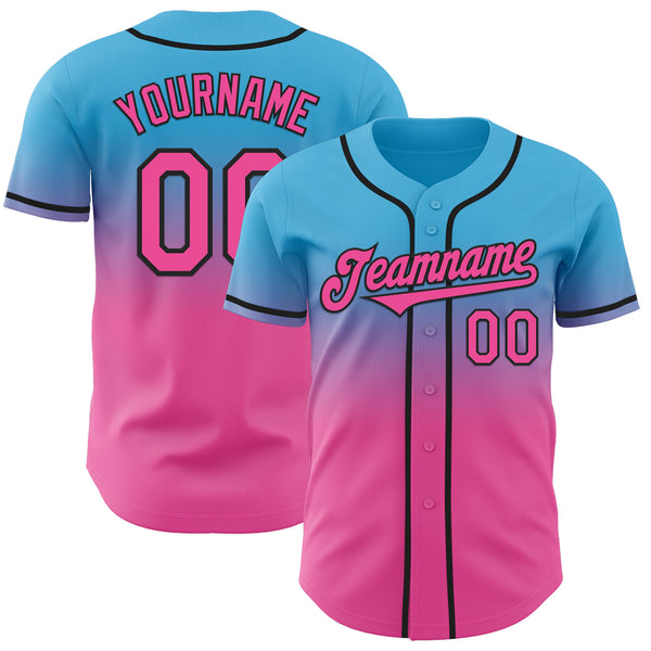Custom Sky Blue Pink-Black Authentic Fade Fashion Baseball Jersey