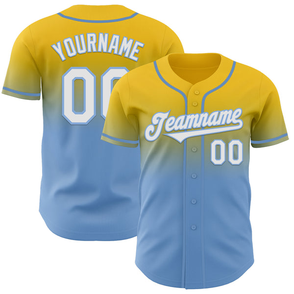 Custom Yellow White-Light Blue Authentic Fade Fashion Baseball Jersey