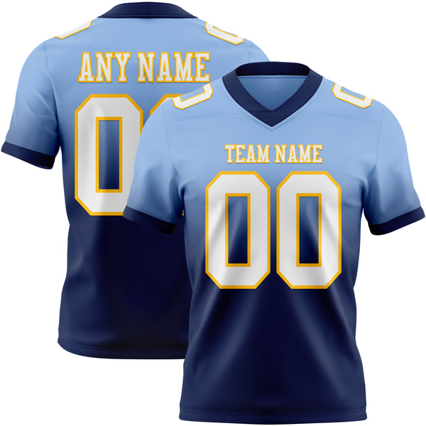 Custom Light Blue White Navy-Gold Mesh Authentic Fade Fashion Football Jersey