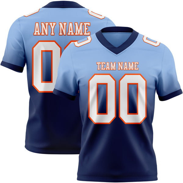 Custom Light Blue White Navy-Orange Mesh Authentic Fade Fashion Football Jersey