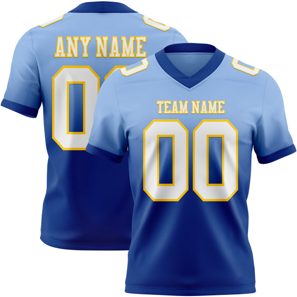 Custom Light Blue White Royal-Yellow Mesh Authentic Fade Fashion Football Jersey