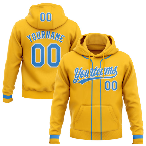 Custom Stitched Gold Powder Blue-White Baseball Pullover Sweatshirt Hoodie