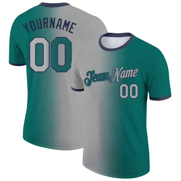 Custom Teal Gray-Navy Gradient Fashion Performance T-Shirt