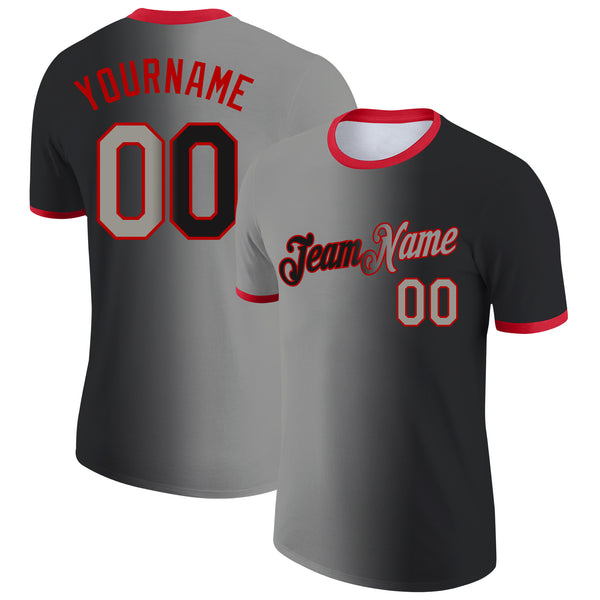 Custom Black Gray-Red Gradient Fashion Performance T-Shirt