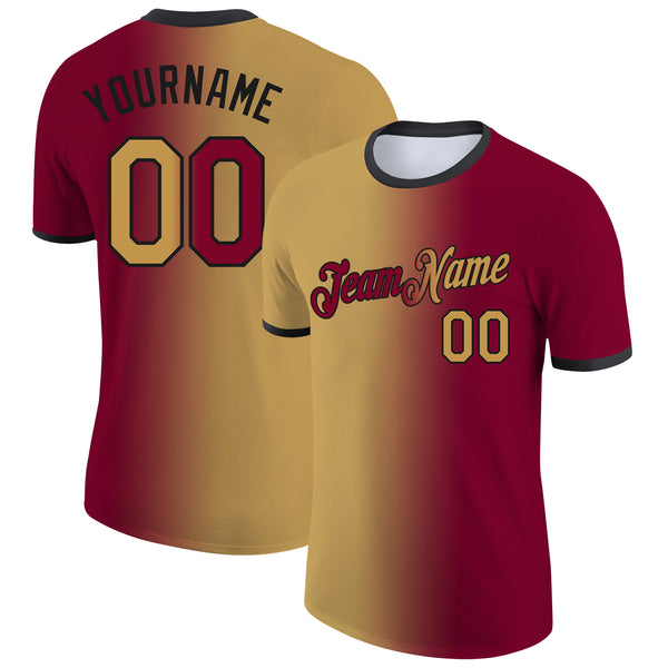Custom Maroon Old Gold-Black Gradient Fashion Performance T-Shirt