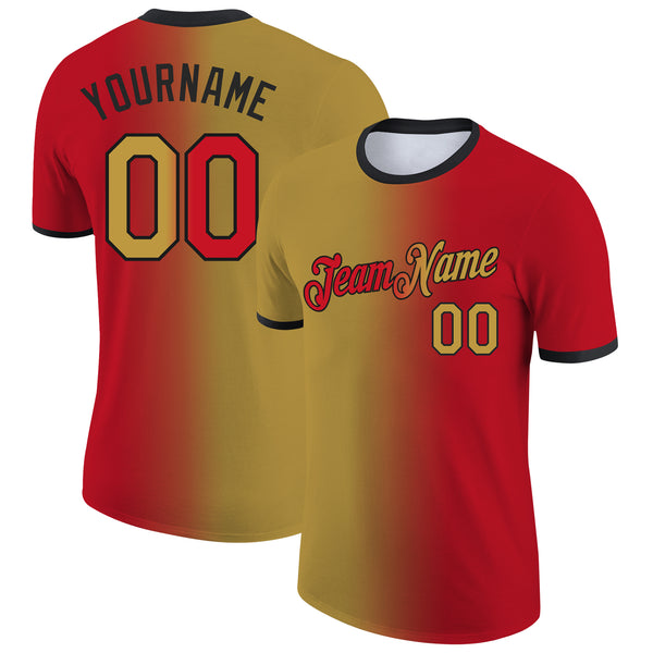 Custom Red Old Gold-Black Gradient Fashion Performance T-Shirt