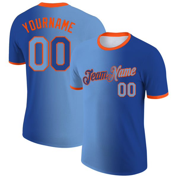 Custom Royal Light Blue-Orange Gradient Fashion Performance T-Shirt