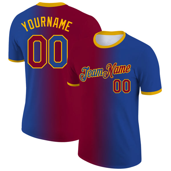 Custom Royal Maroon-Gold Gradient Fashion Performance T-Shirt