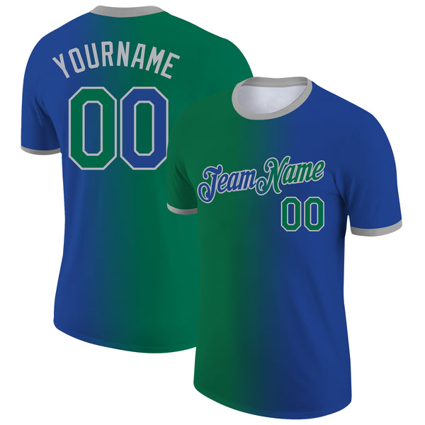 Custom Royal Kelly Green-Gray Gradient Fashion Performance T-Shirt