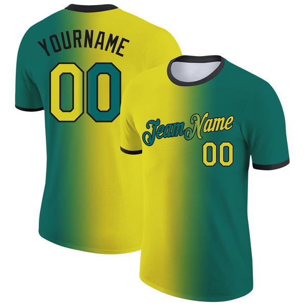Custom Teal Neon Yellow-Black Gradient Fashion Performance T-Shirt