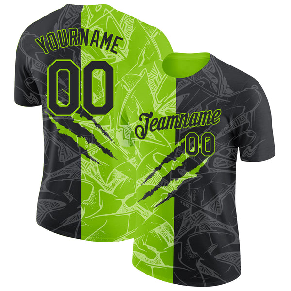 Custom Graffiti Pattern Black-Neon Green Scratch 3D Performance T-Shirt