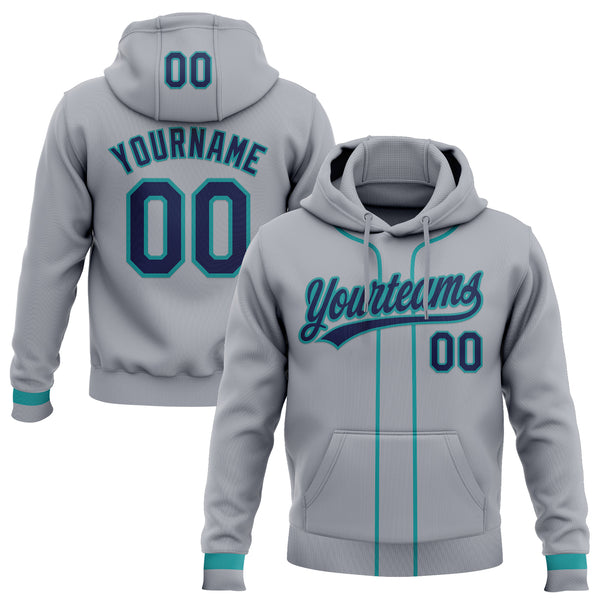 Custom Stitched Gray Navy-Teal Baseball Pullover Sweatshirt Hoodie