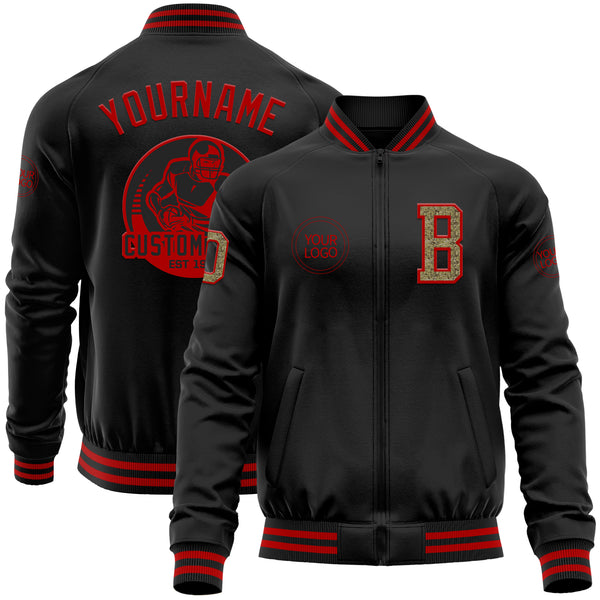 Custom Black Camo-Red Bomber Varsity Letterman Zipper Jacket