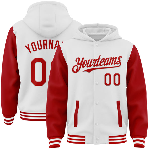 Custom White Red Bomber Full-Snap Varsity Letterman Two Tone Hoodie Jacket