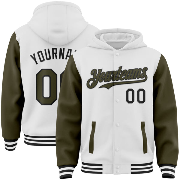 Custom White Olive-Black Bomber Full-Snap Varsity Letterman Two Tone Hoodie Jacket