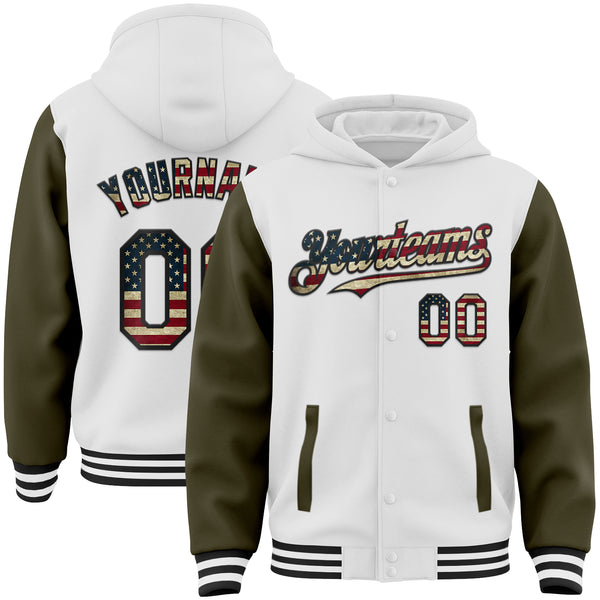 Custom White Vintage USA Flag Olive-Black Bomber Full-Snap Varsity Letterman Two Tone Hoodie Jacket