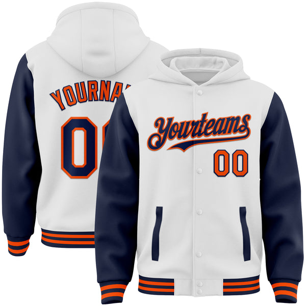 Custom White Navy-Orange Bomber Full-Snap Varsity Letterman Two Tone Hoodie Jacket