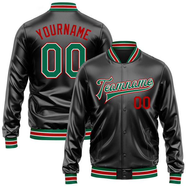Custom Black Kelly Green-Red Bomber Full-Snap Varsity Faux Leather Letterman Jacket