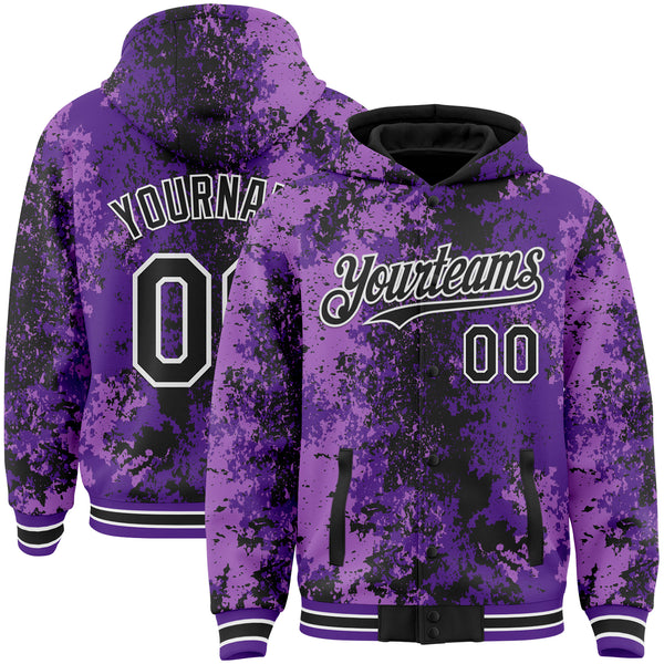 Custom Purple Black-White 3D Pattern Design Bomber Full-Snap Varsity Letterman Hoodie Jacket
