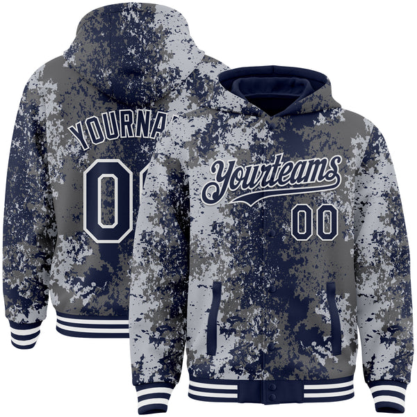 Custom Gray Navy-White 3D Pattern Design Bomber Full-Snap Varsity Letterman Hoodie Jacket