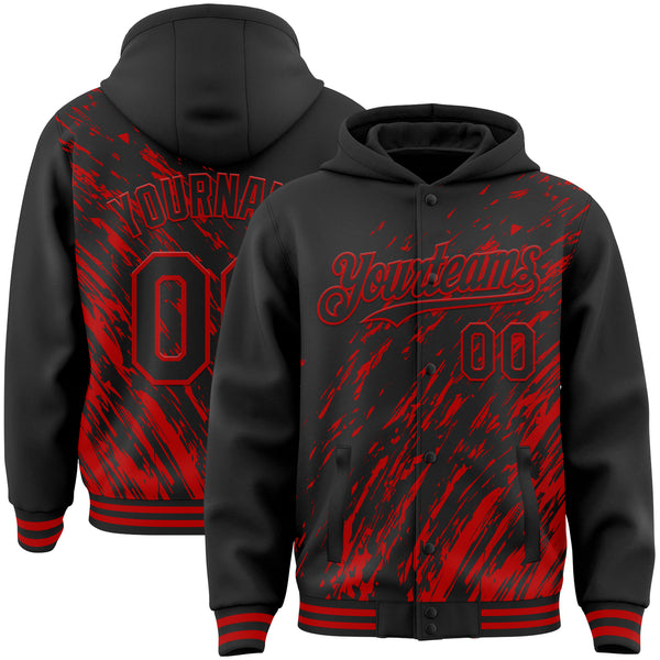 Custom Black Black-Red 3D Pattern Design Bomber Full-Snap Varsity Letterman Hoodie Jacket