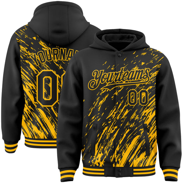 Custom Black Black-Gold 3D Pattern Design Bomber Full-Snap Varsity Letterman Hoodie Jacket