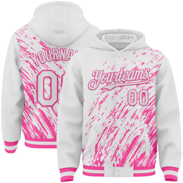 Custom White White-Pink 3D Pattern Design Bomber Full-Snap Varsity Letterman Hoodie Jacket