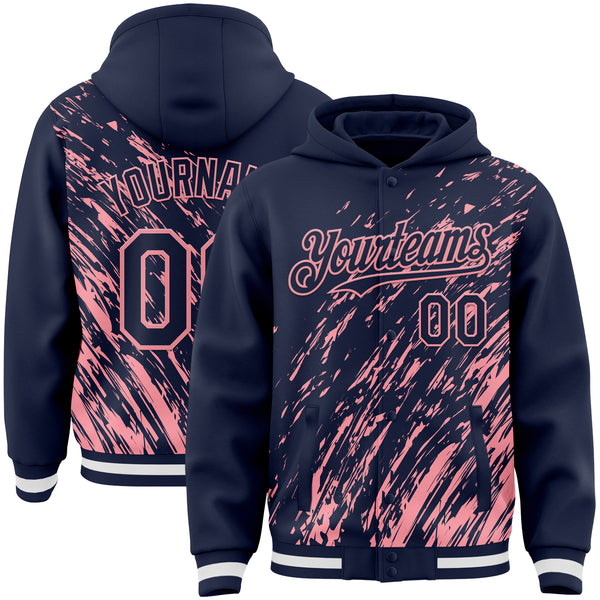 Custom Navy Navy-Medium Pink 3D Pattern Design Bomber Full-Snap Varsity Letterman Hoodie Jacket