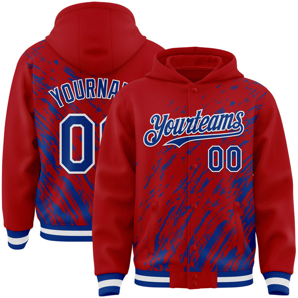 Custom Red Royal-White 3D Pattern Design Bomber Full-Snap Varsity Letterman Hoodie Jacket
