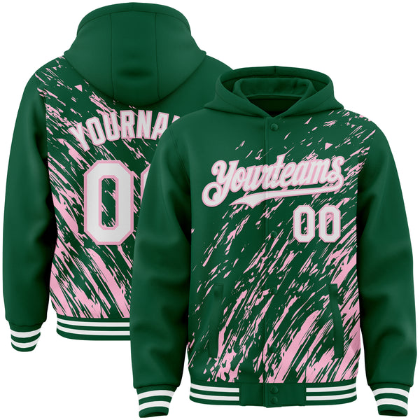 Custom Kelly Green White-Light Pink 3D Pattern Design Bomber Full-Snap Varsity Letterman Hoodie Jacket