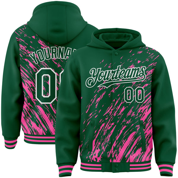 Custom Pink Kelly Green-White 3D Pattern Design Bomber Full-Snap Varsity Letterman Hoodie Jacket