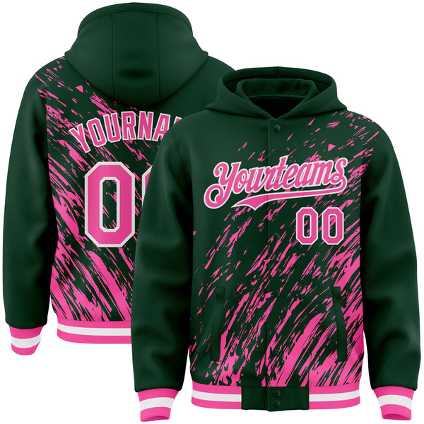 Custom Kelly Green Pink-White 3D Pattern Design Bomber Full-Snap Varsity Letterman Hoodie Jacket