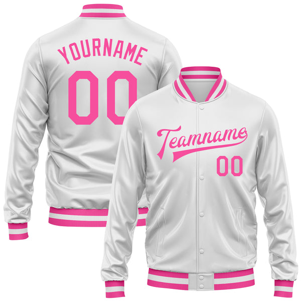 Custom White Pink Bomber Full-Snap Varsity Faux Leather Letterman Jacket