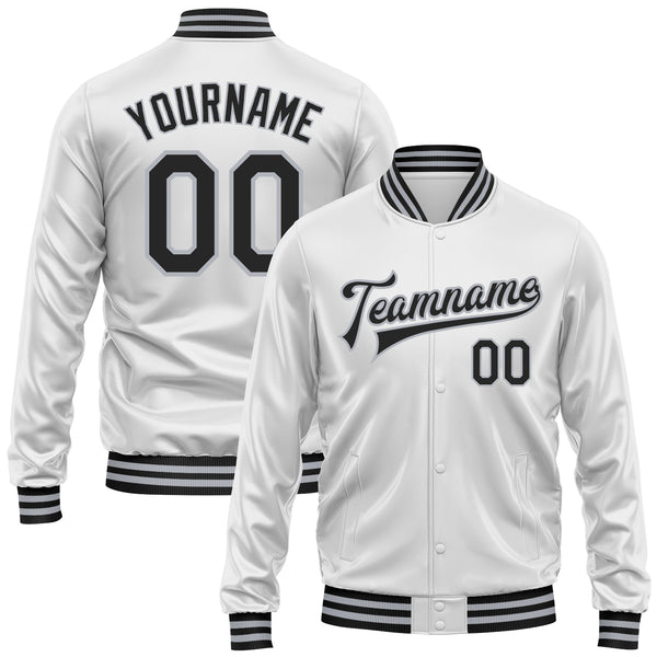 Custom White Black-Gray Bomber Full-Snap Varsity Faux Leather Letterman Jacket