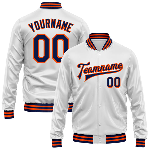 Custom White Navy-Orange Bomber Full-Snap Varsity Faux Leather Letterman Jacket
