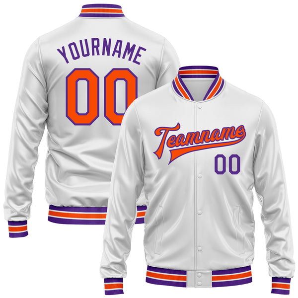 Custom White Orange-Purple Bomber Full-Snap Varsity Faux Leather Letterman Jacket