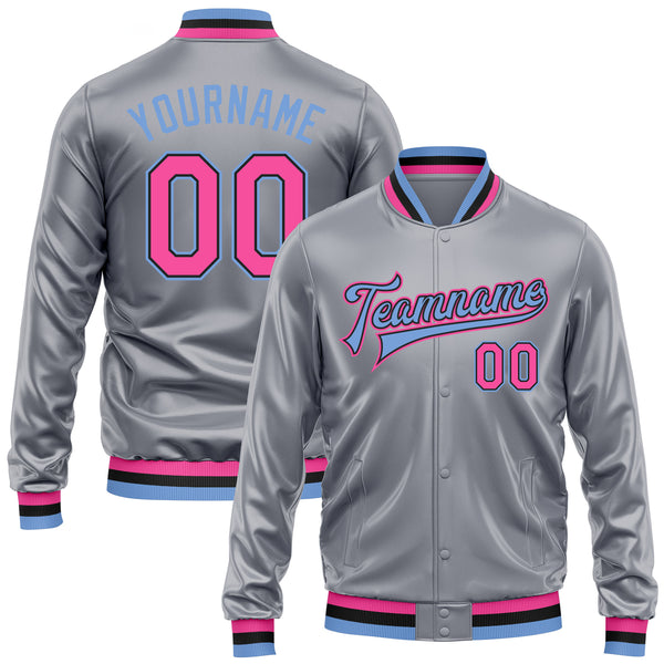 Custom Gray Pink Light Blue-Black Bomber Full-Snap Varsity Faux Leather Letterman Jacket
