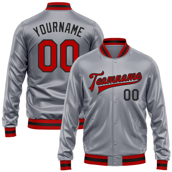 Custom Gray Red-Black Bomber Full-Snap Varsity Faux Leather Letterman Jacket