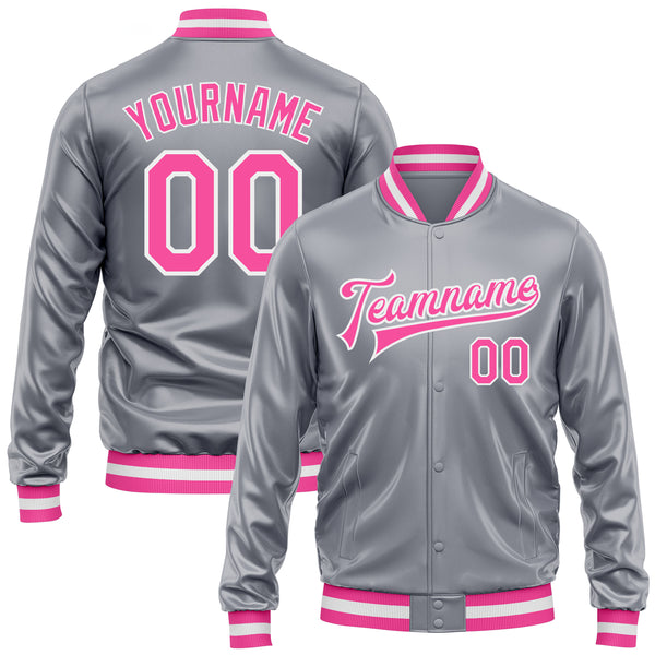 Custom Gray Pink-White Bomber Full-Snap Varsity Faux Leather Letterman Jacket